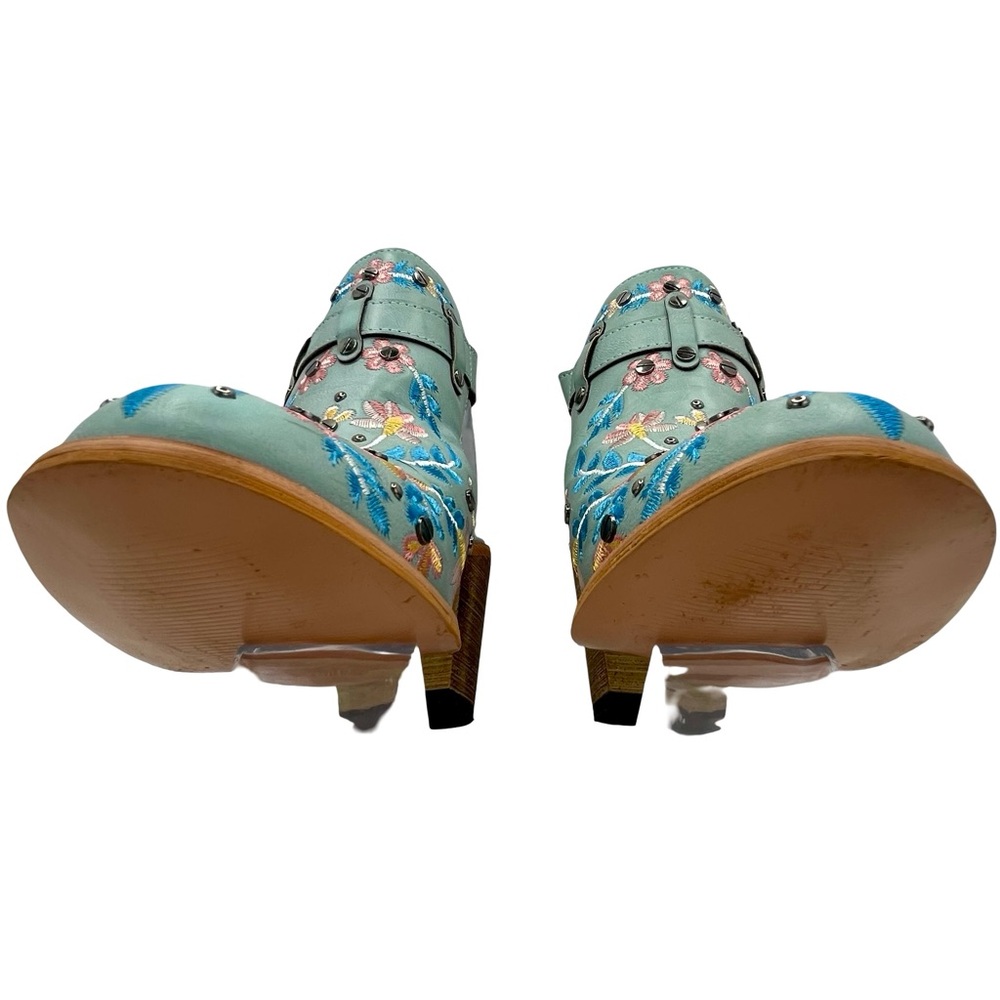 Blue Green Heeled Boots with Floral Embroidery - Picture 3 of 7